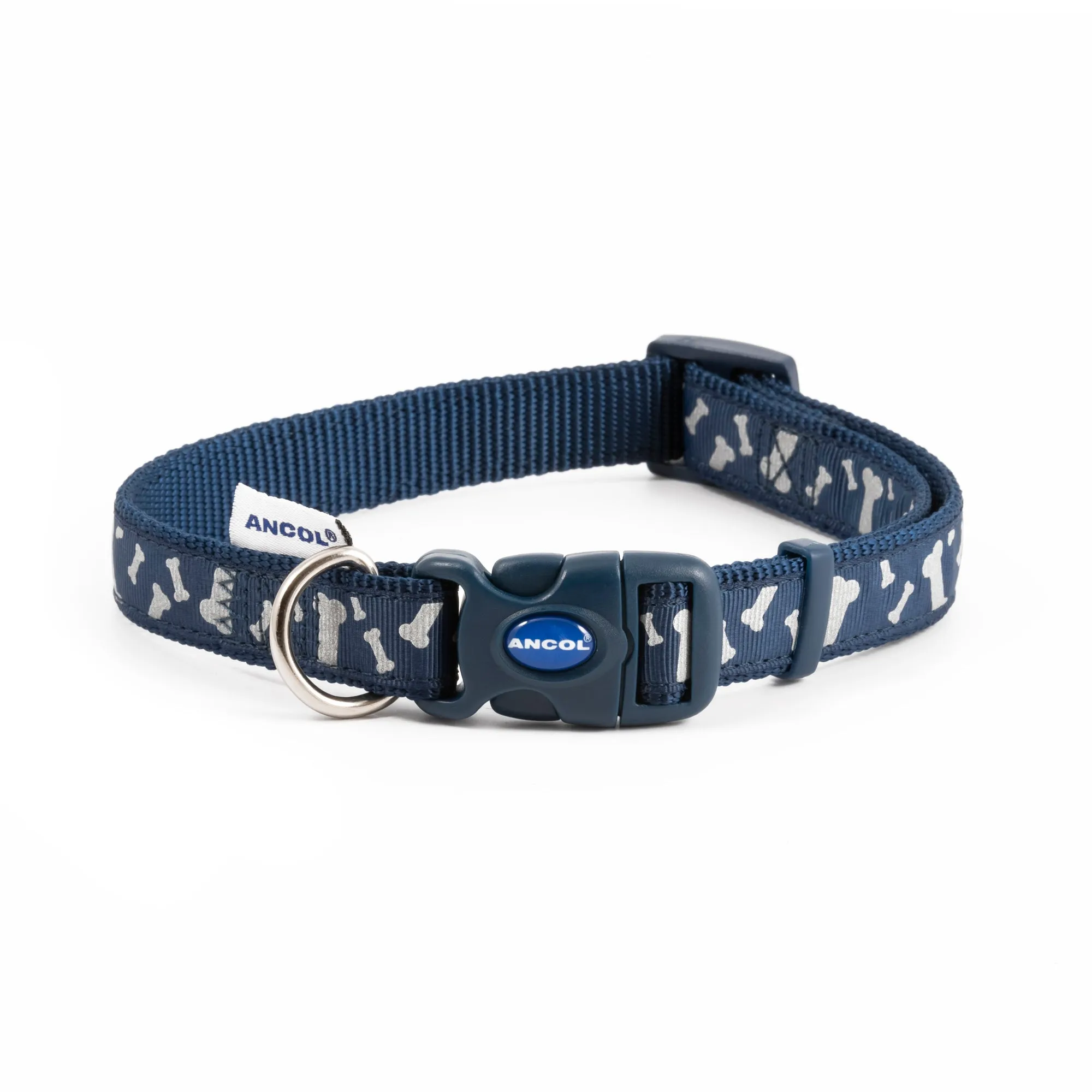 Ancol Paw and Bone Adjustable Reflective Blue Dog Collar