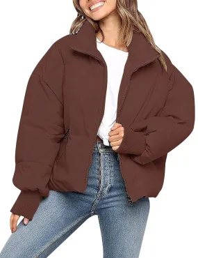 Brown Women’s Winter Jacket Coat Cropped Puffer Short Warm Quilted - Gihuo