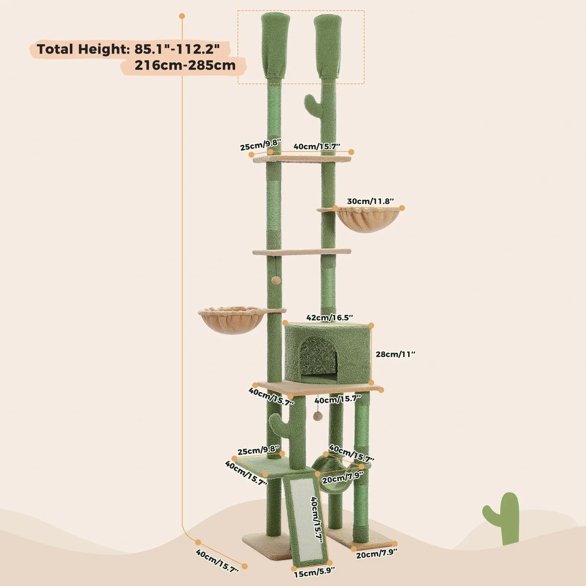 Cactus Floor-to-Ceiling Cat Tree - 7-Tier Climbing Tower with Hammocks & Condos