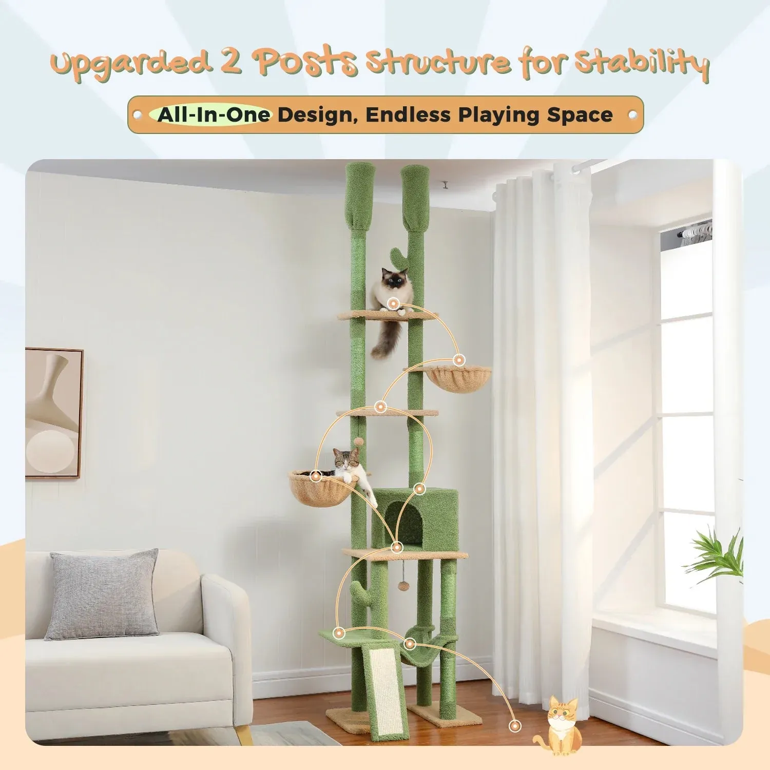 Cactus Floor-to-Ceiling Cat Tree - 7-Tier Climbing Tower with Hammocks & Condos