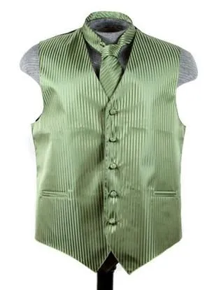 Men's Olive Green Striped Vest with Neck Tie