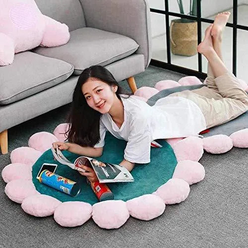 Mollismoons Round Flower Bedroom Carpet Non-Slip Kids Room Crawling Mats Computer Hanging Chair Mat Baby Room Play Mats Yoga Cushion (Pink-Green)