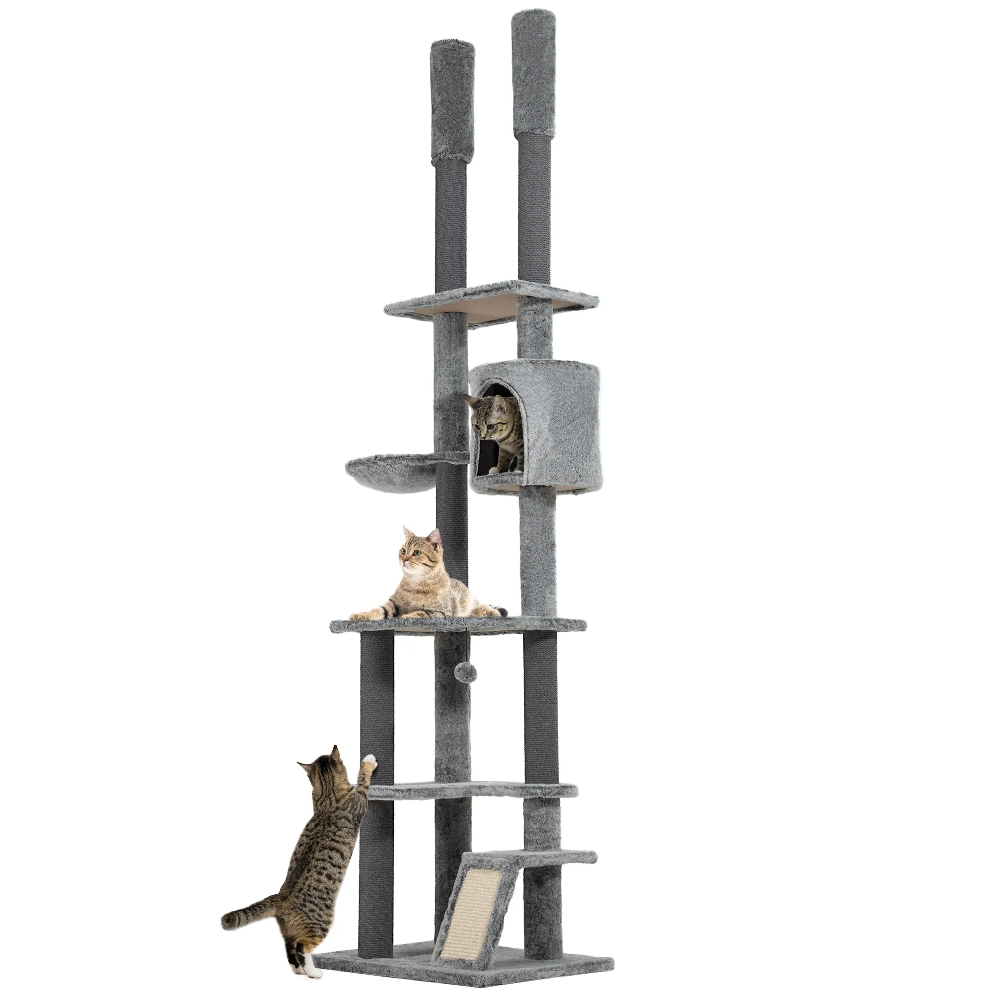 PawHut 225-255cmH Floor-to-Ceiling Cat Tree for Indoor Cats w/ Condo Ramp