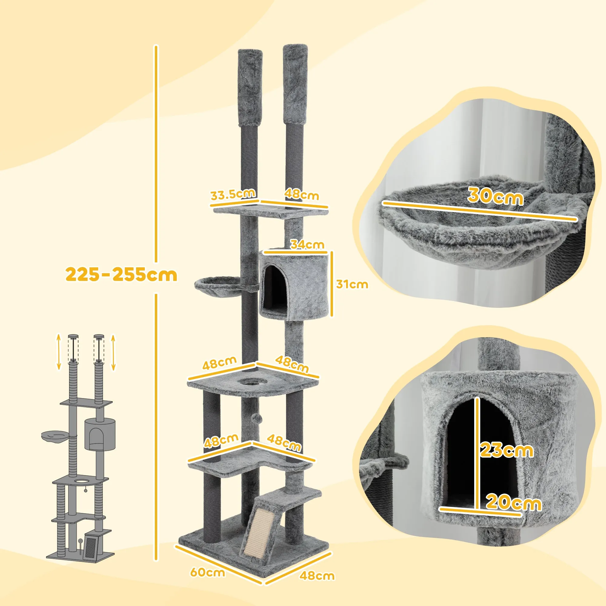 PawHut 225-255cmH Floor-to-Ceiling Cat Tree for Indoor Cats w/ Condo Ramp