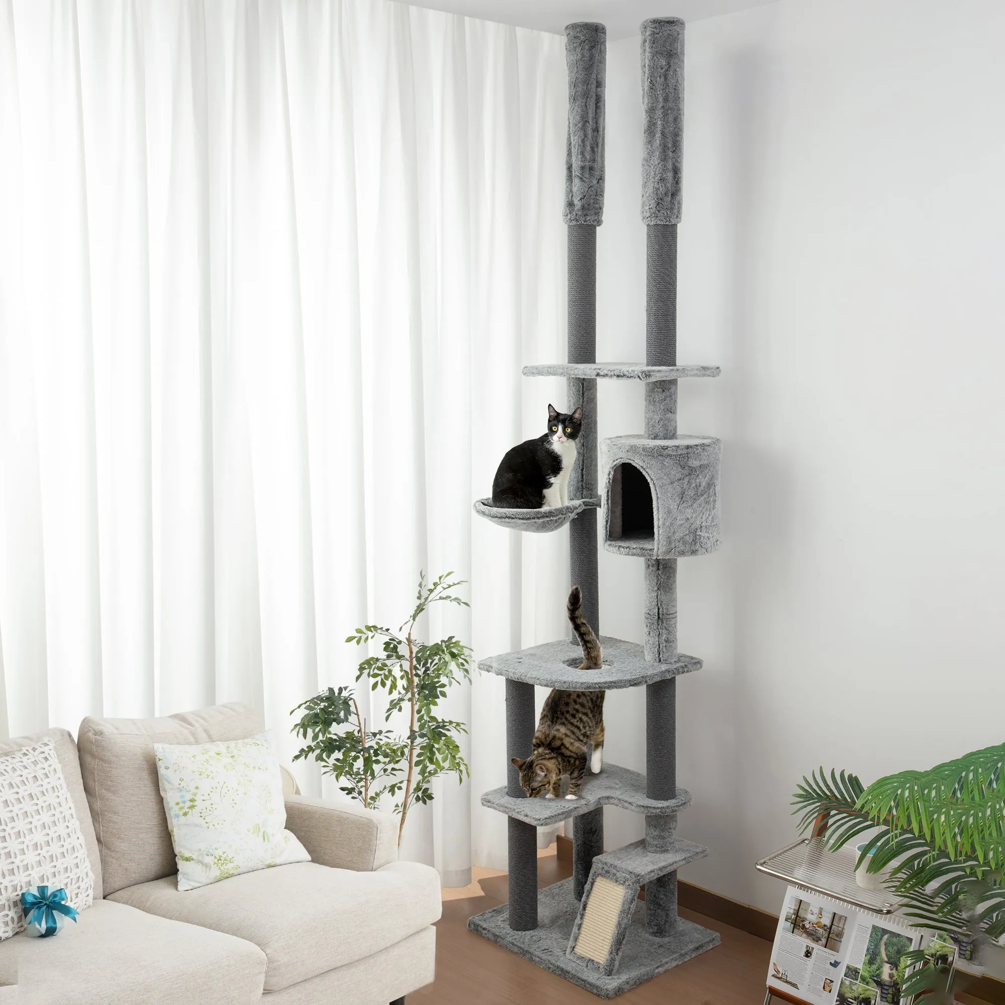 PawHut 225-255cmH Floor-to-Ceiling Cat Tree for Indoor Cats w/ Condo Ramp