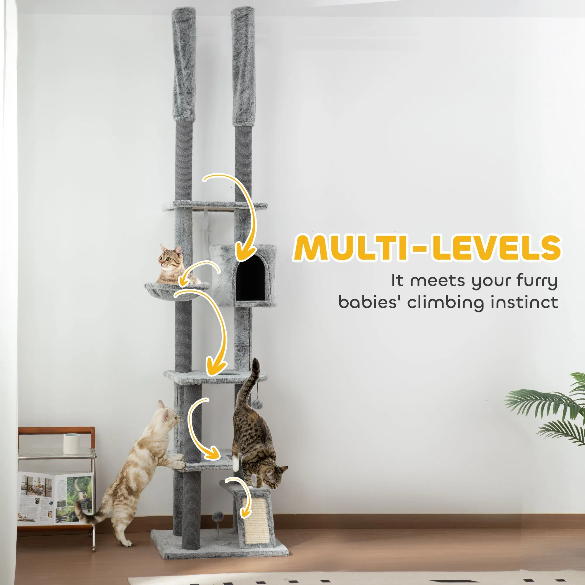 PawHut 225-255cmH Floor-to-Ceiling Cat Tree for Indoor Cats w/ Condo Ramp