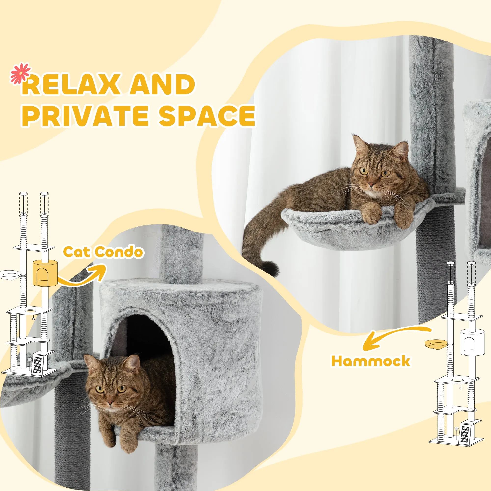 PawHut 225-255cmH Floor-to-Ceiling Cat Tree for Indoor Cats w/ Condo Ramp