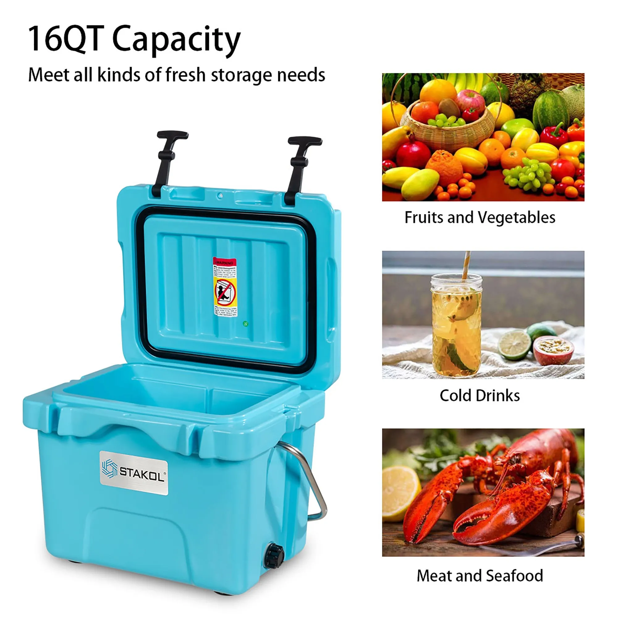 SKTAKOL 16 Quart Cooler Portable Ice Chest Leak-Proof 24 Cans Ice Boxfor Camping Blue