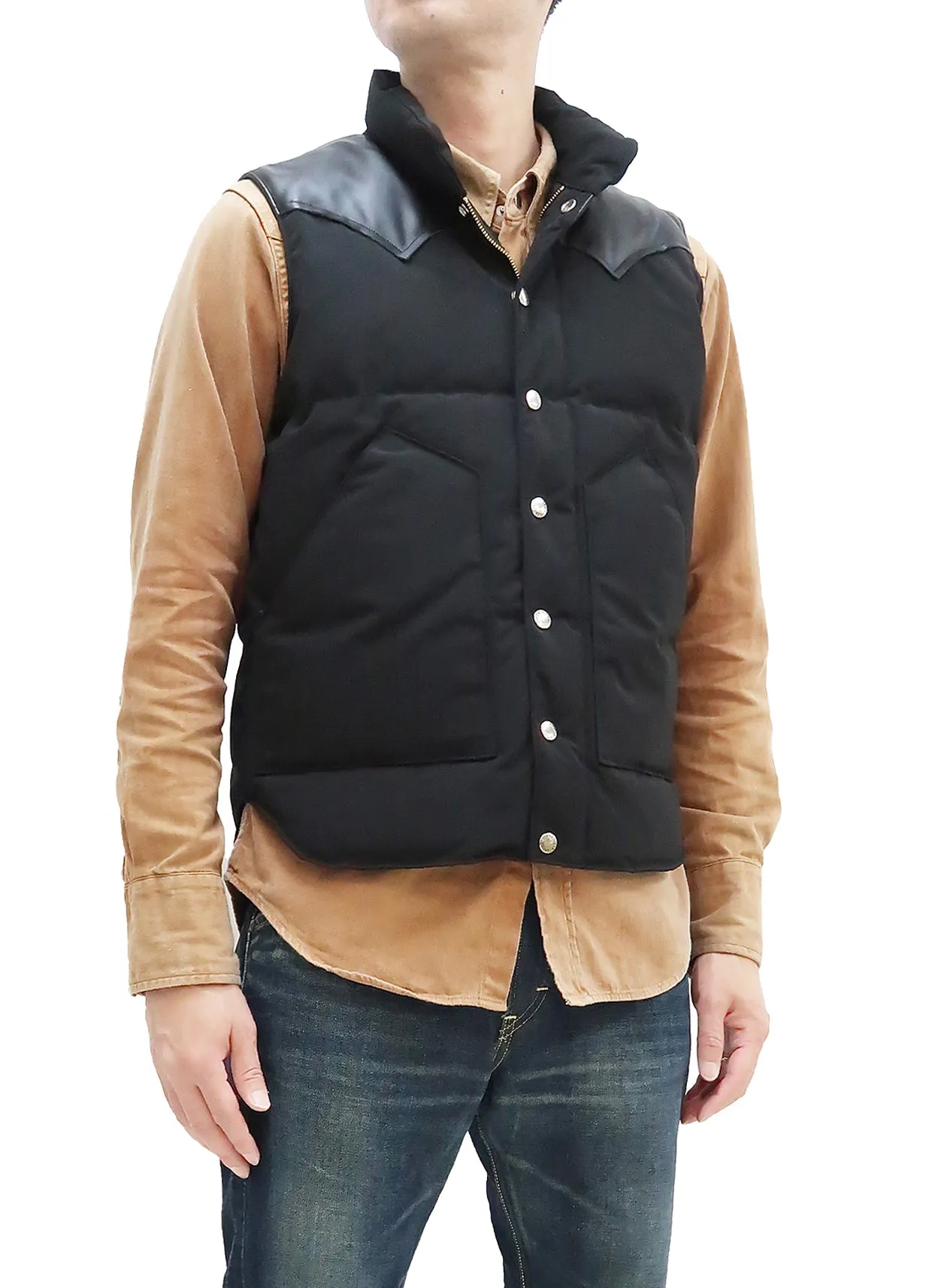 Sugar Cane Down Vest with Leather Yoke Panel Men's Winter Outerwear Vest SC15222 119 Black/Black