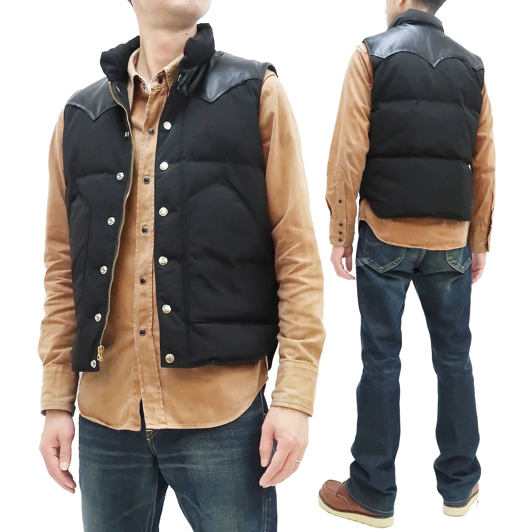 Sugar Cane Down Vest with Leather Yoke Panel Men's Winter Outerwear Vest SC15222 119 Black/Black