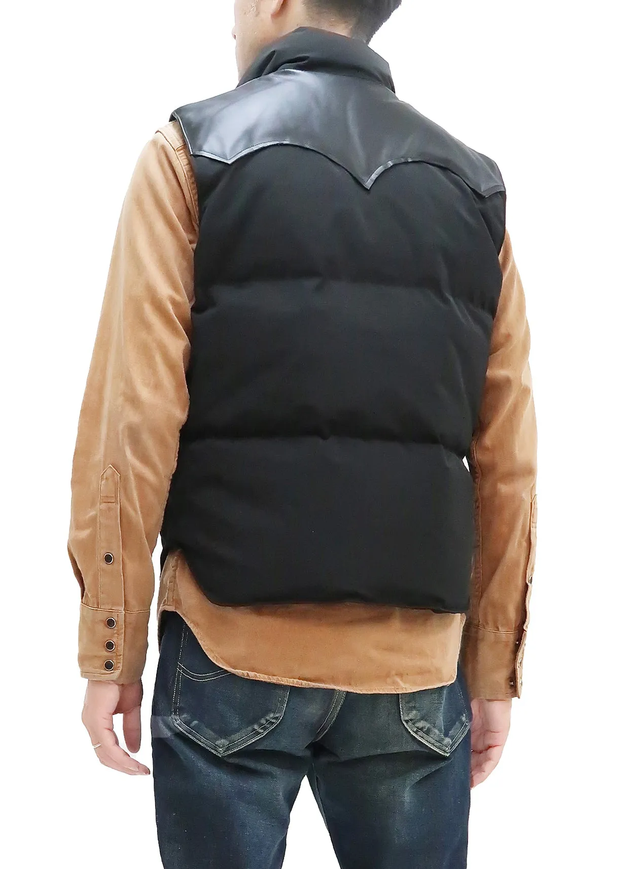 Sugar Cane Down Vest with Leather Yoke Panel Men's Winter Outerwear Vest SC15222 119 Black/Black