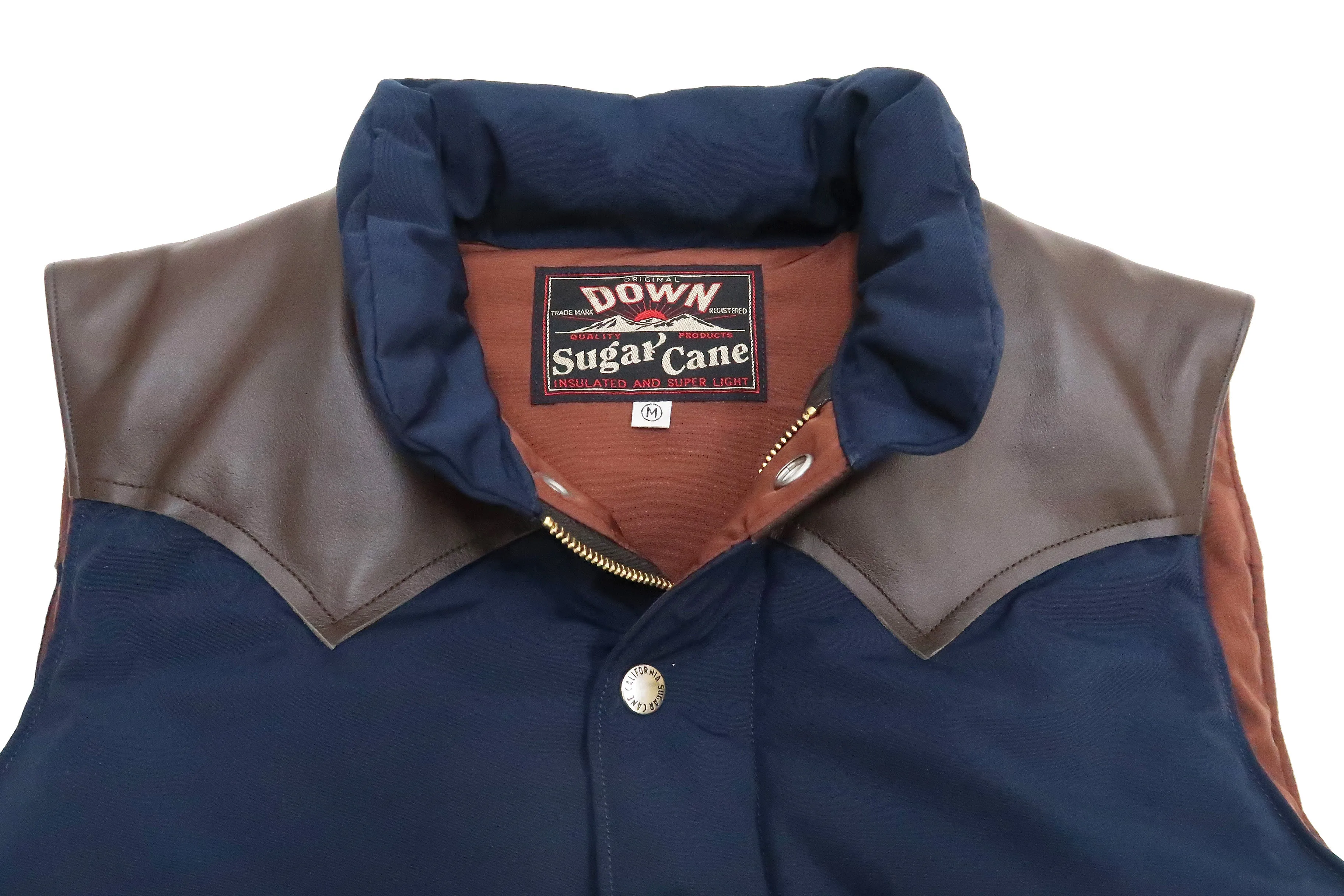 Sugar Cane Down Vest with Leather Yoke Panel Men's Winter Outerwear Vest SC15222 128 Navy-Blue/Brown