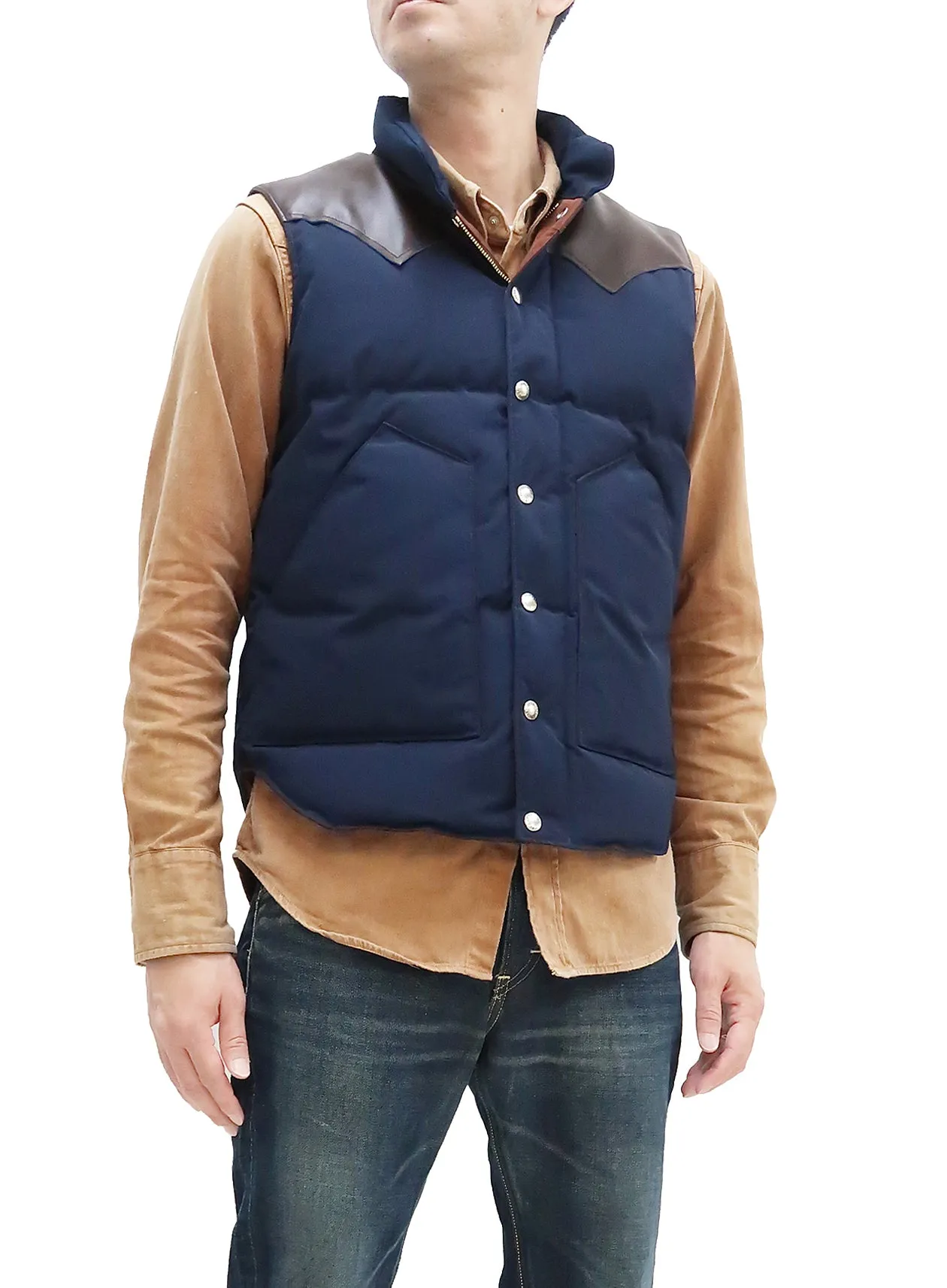 Sugar Cane Down Vest with Leather Yoke Panel Men's Winter Outerwear Vest SC15222 128 Navy-Blue/Brown