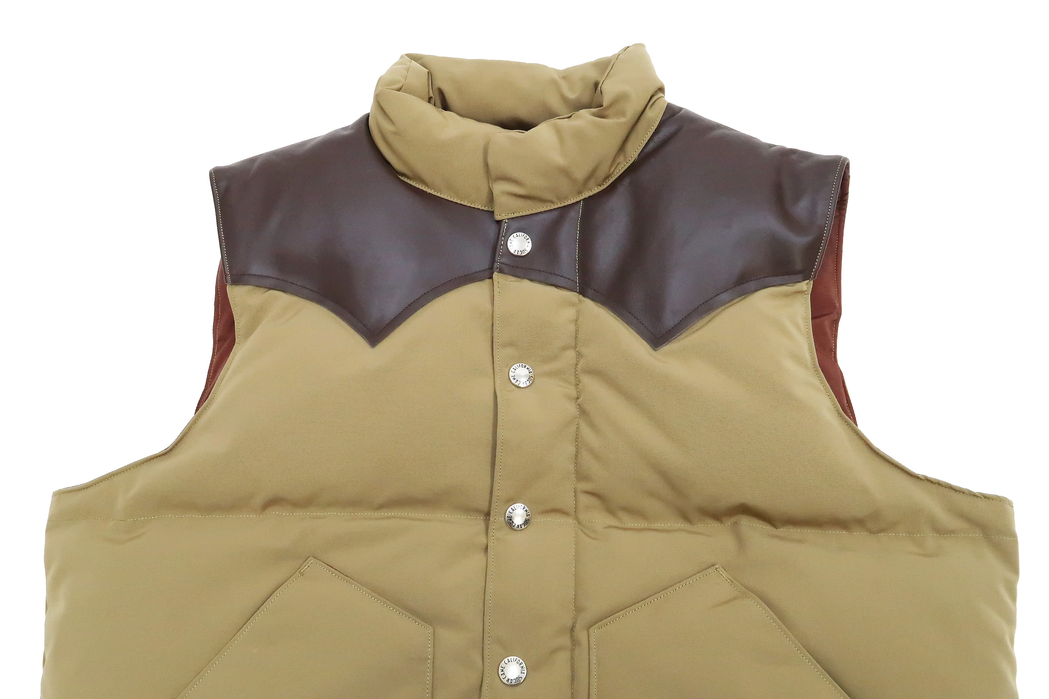 Sugar Cane Down Vest with Leather Yoke Panel Men's Winter Outerwear Vest SC15222 133 Beige/Brown