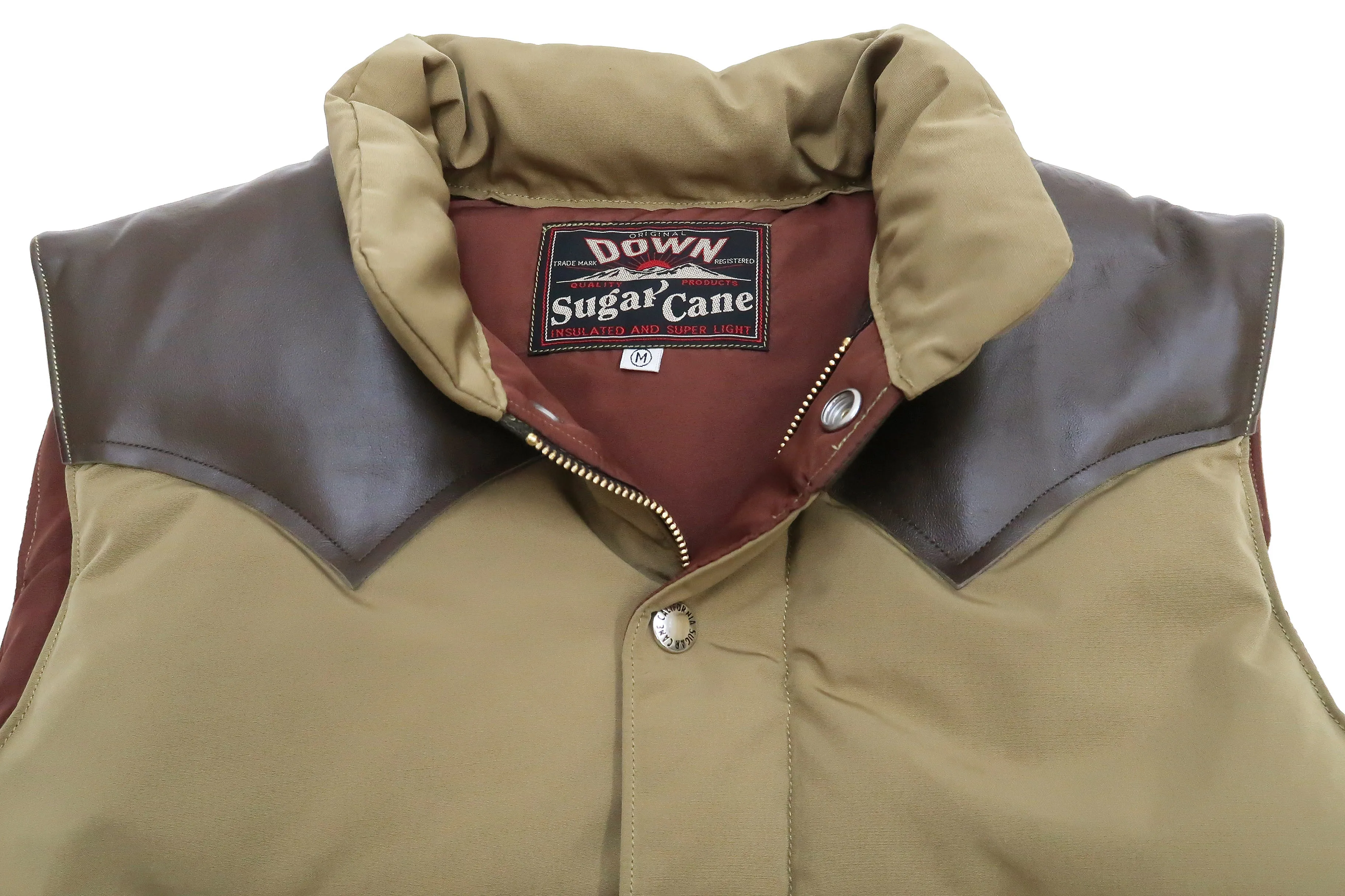 Sugar Cane Down Vest with Leather Yoke Panel Men's Winter Outerwear Vest SC15222 133 Beige/Brown