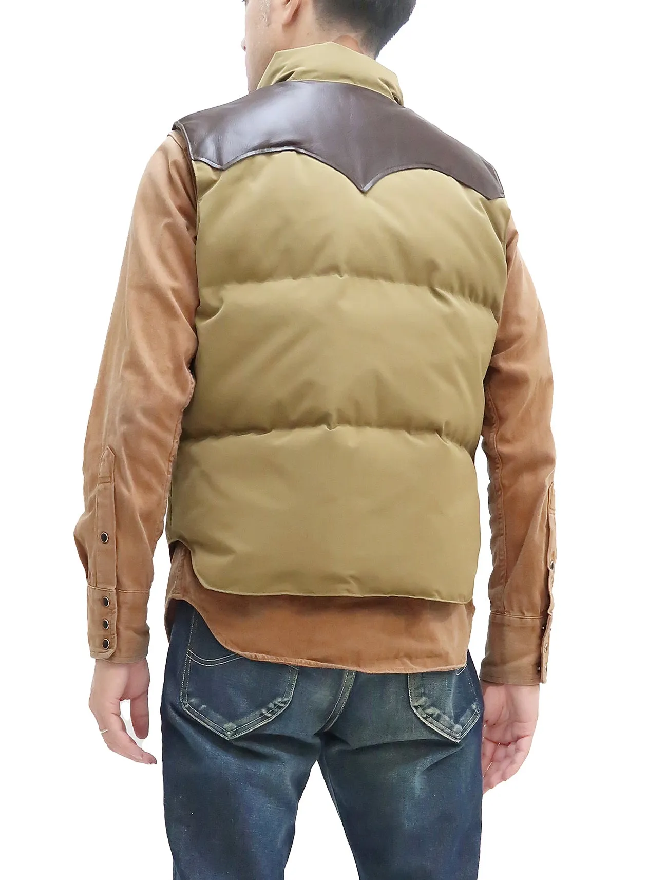 Sugar Cane Down Vest with Leather Yoke Panel Men's Winter Outerwear Vest SC15222 133 Beige/Brown