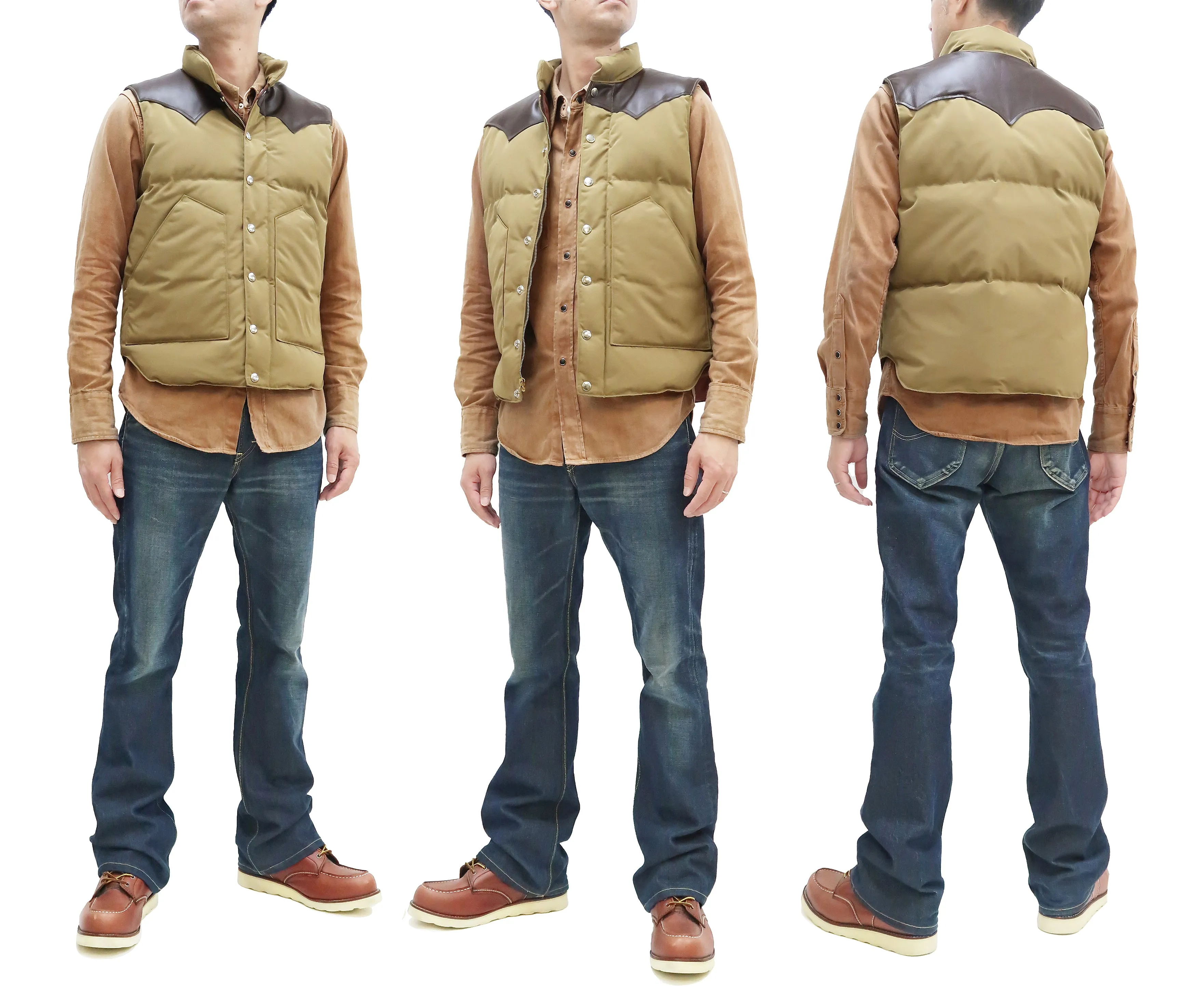 Sugar Cane Down Vest with Leather Yoke Panel Men's Winter Outerwear Vest SC15222 133 Beige/Brown