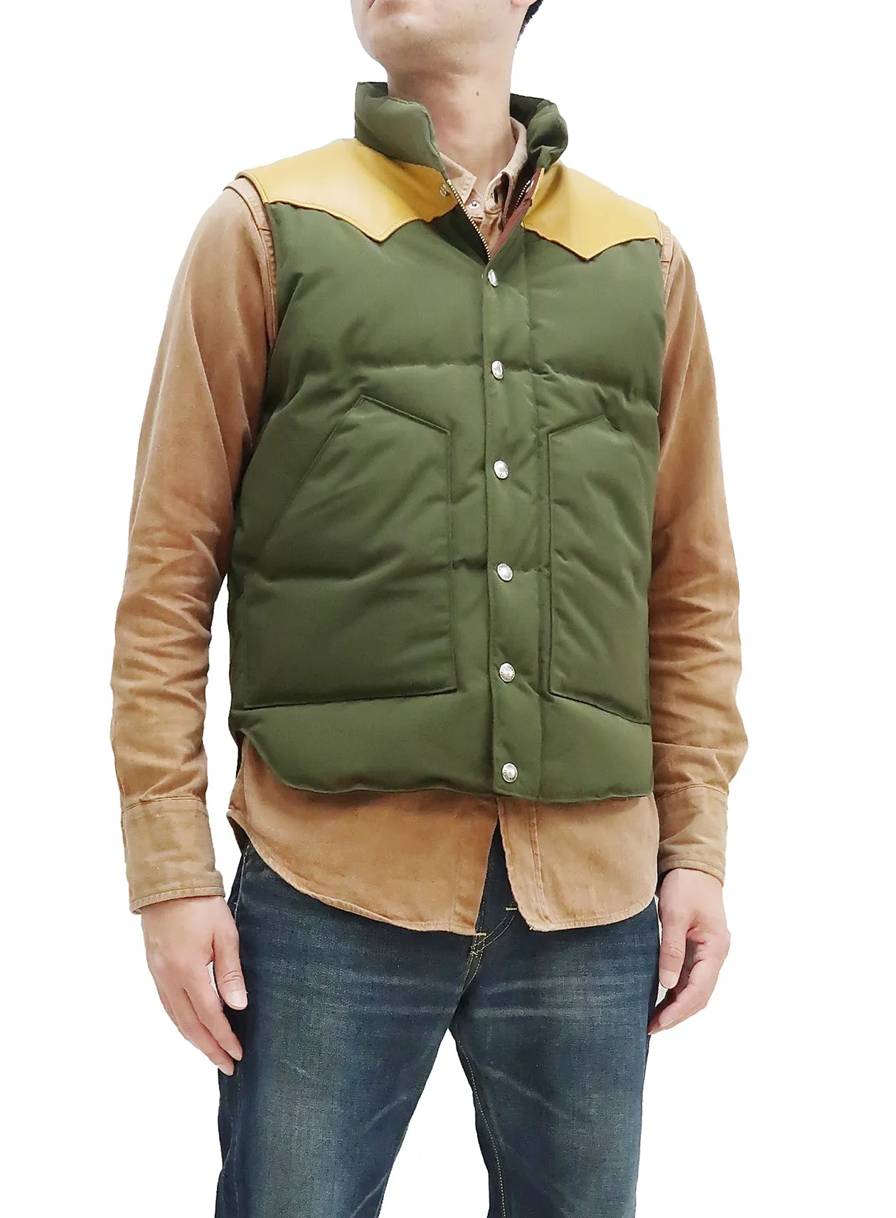 Sugar Cane Down Vest with Leather Yoke Panel Men's Winter Outerwear Vest SC15222 149 Olive/Camel