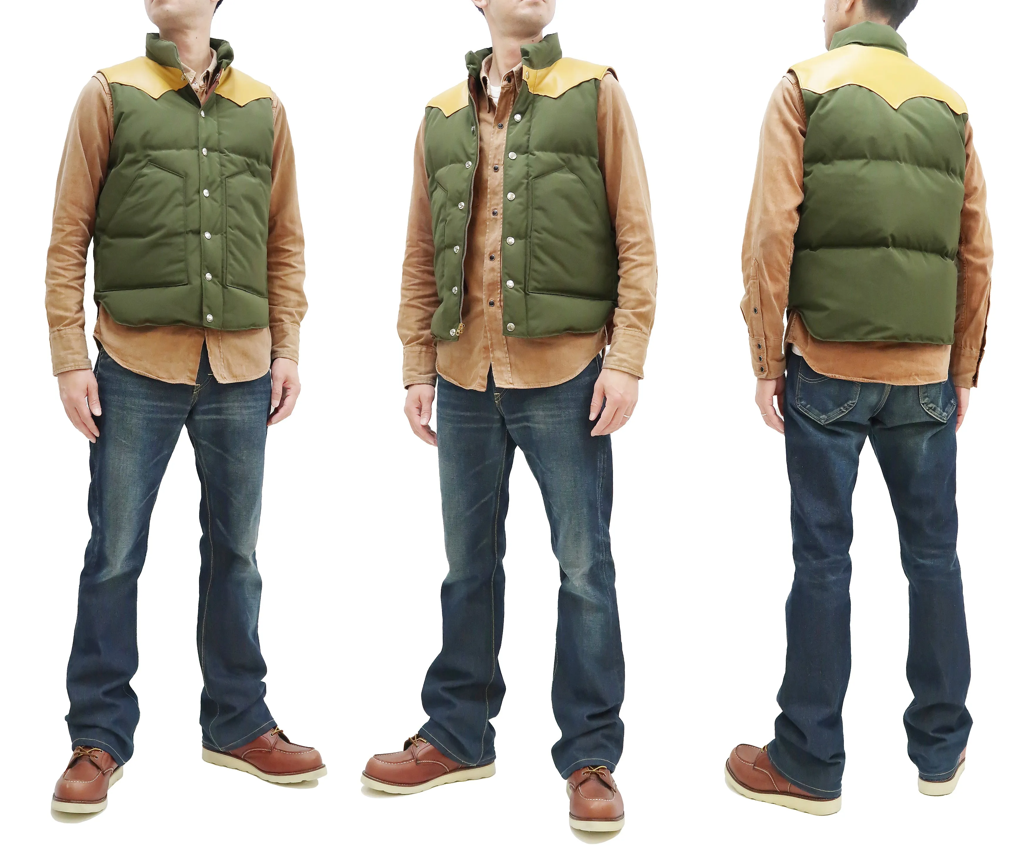 Sugar Cane Down Vest with Leather Yoke Panel Men's Winter Outerwear Vest SC15222 149 Olive/Camel