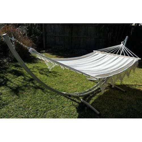 XL Free Standing Hammock: White Canvas Hammock with Tassels and Arc Stand