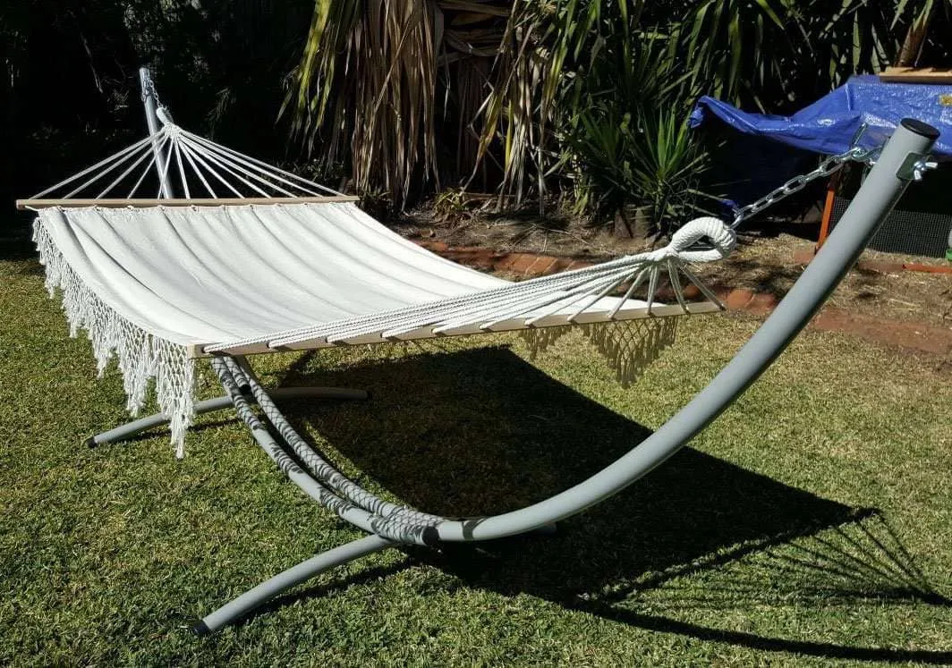 XL Free Standing Hammock: White Canvas Hammock with Tassels and Arc Stand