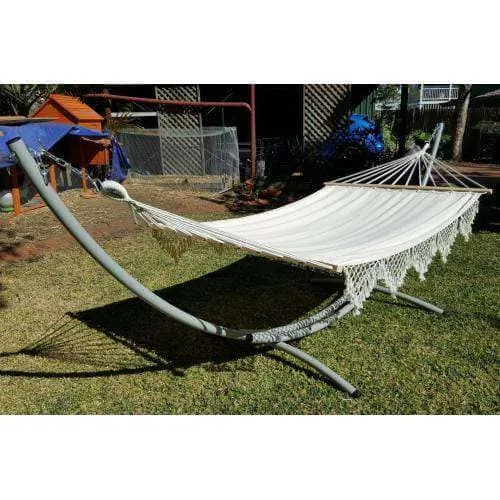 XL Free Standing Hammock: White Canvas Hammock with Tassels and Arc Stand